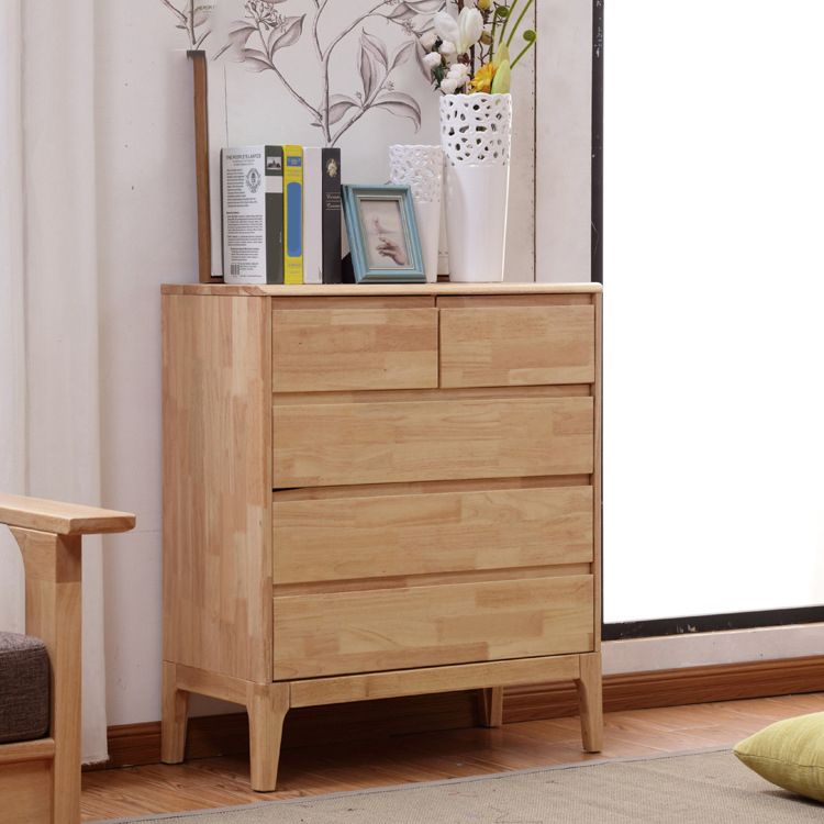 Modern Natural Rectangle Accent Chest with Drawers in Rubberwood