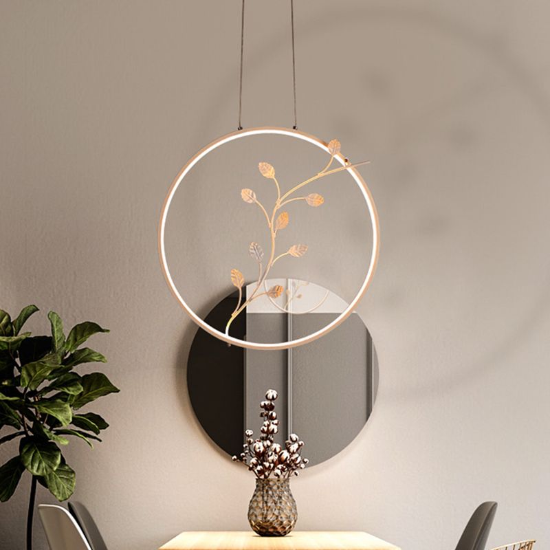Ring Acrylic Hanging Light Minimalist LED White Suspension Lamp with Branch Deco in Warm/White Light