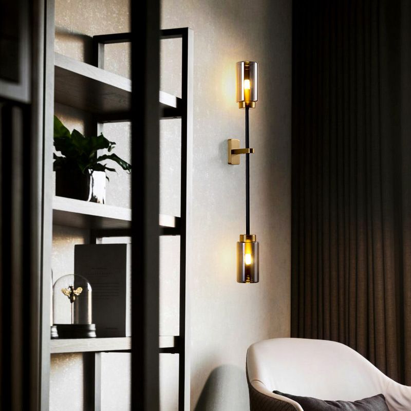 Glass Black and Gold Wall Sconce in Modern Luxury Style Copper Cylindrical Wall Lamp for Bedroom