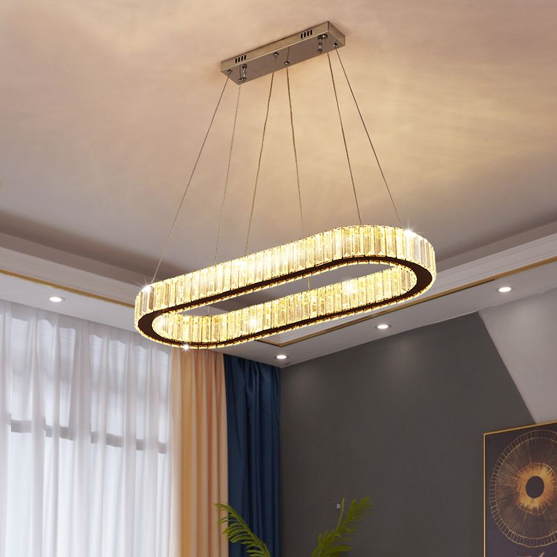 Crystal Silver LED Island Light in Modern Style Stainless-Steel Oval Pendant Light for Dining Room