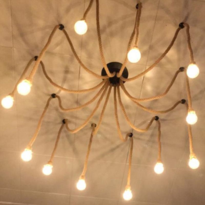 Hemp Rope Spider Suspension Light Rustic Restaurant Chandelier Lighting in Flaxen