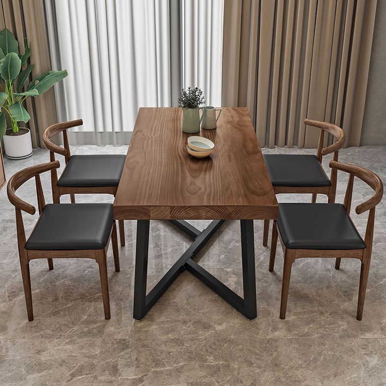 Industrial Solid Wood Dining Table Brown Rectangle Table with Metal Base for Dinning Room