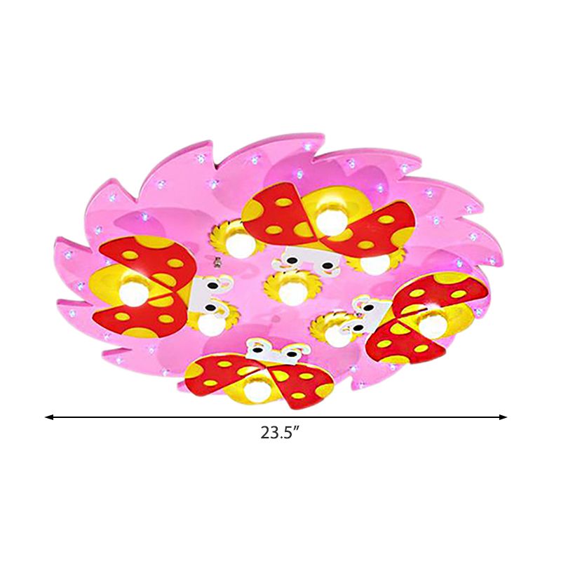 Wood Tree Ceiling Light with Ladybug Deco Modern Cartoon Flush Mount Light for Kid Bedroom