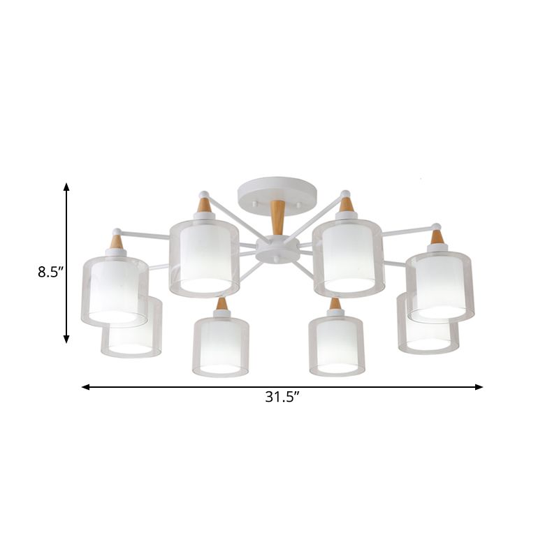 Beige Double Cylinder Flush Mount Fixture Modernism 8 Heads Clear and White Glass Semi Close to Ceiling Light