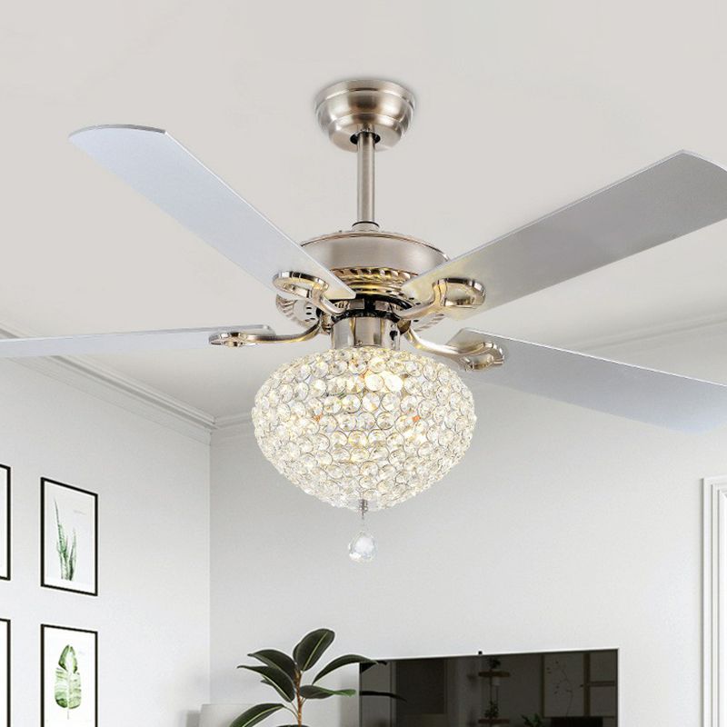 4 Blades Nickel LED Semi Flush Mount Farmhouse Crystal Waterdrop Hanging Fan Light Fixture, 52" Wide