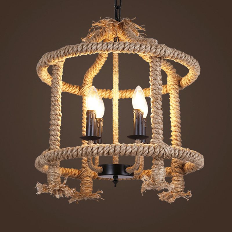 Beige 4 Lights Chandelier Light Fixture Traditional Rope Cylinder Pendant Lamp for Dining Room