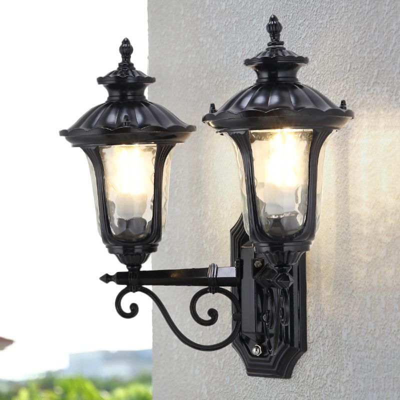 2 Bulbs Wall Mount Light Traditional Urn-Shade Clear Dimple Glass Sconce Lamp in Black