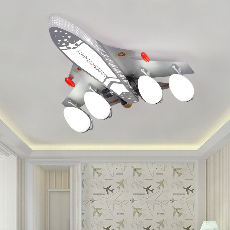 Silver Airplane Flush Light Fixture Kids Style 4-Head Metal Ceiling Mount Lamp for Bedroom