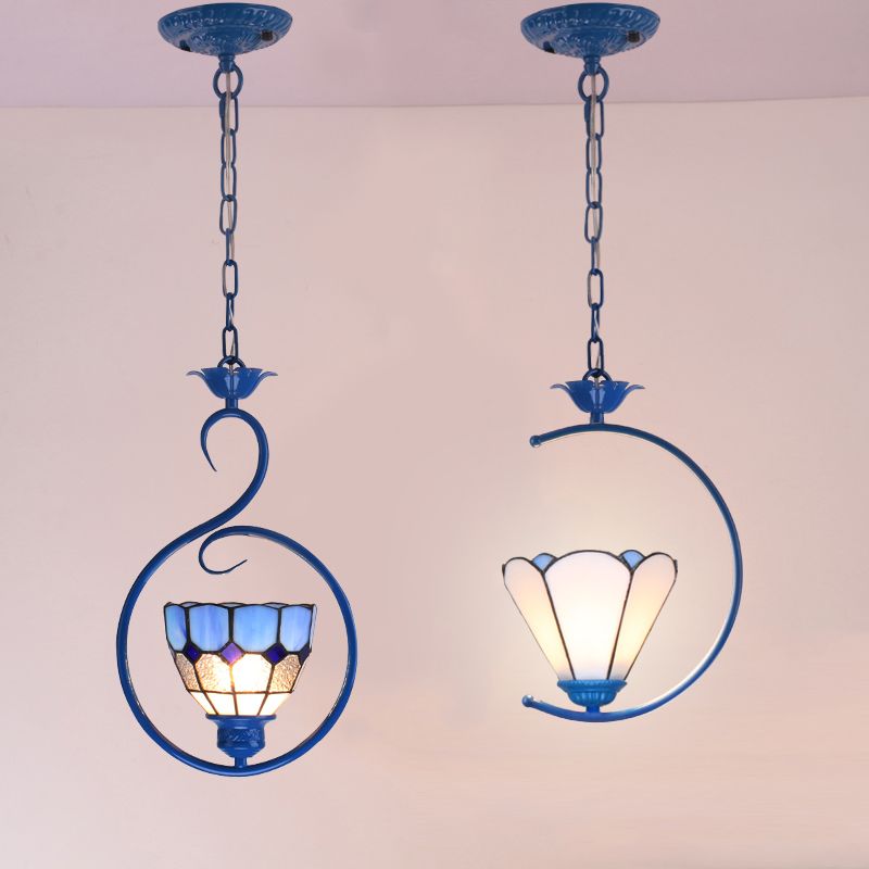 Blue Ring Pendulum Light Vintage 1 Head Tiffany Glass Pendant Ceiling Lamp for Bedroom
