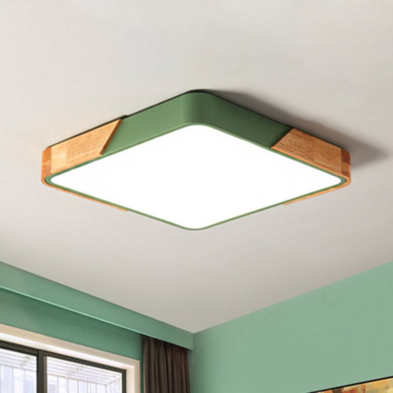 Plafonnier carré de chambre à coucher, éclairage encastré vert nordique avec abat-jour en bois et acrylique pour enfants