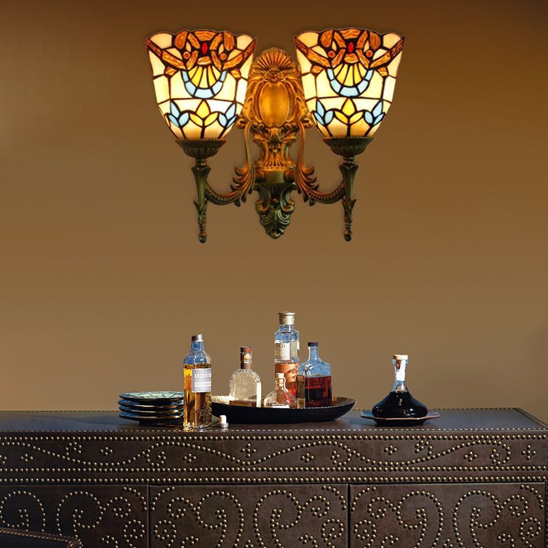 Victorian Bell Wall Mount Lighting Stained Glass 2 Heads Wall Sconce Lamp for Dining Room
