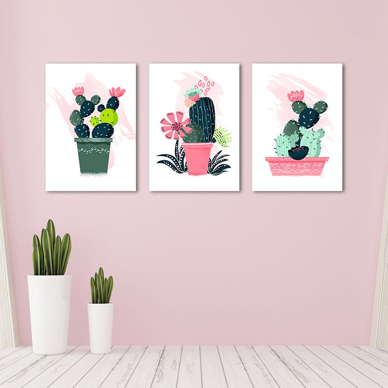 Cartoon Pot Cactus Canvas Pastel Color Textured Wall Art for Girls Bedroom
