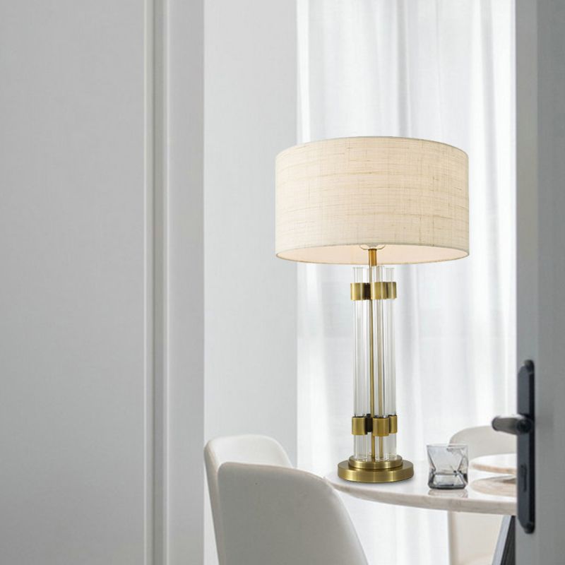 Lampada da scrivania in cristallo bianco a tamburo Lampada da tavolo moderna in tessuto a 1 lampadina per soggiorno