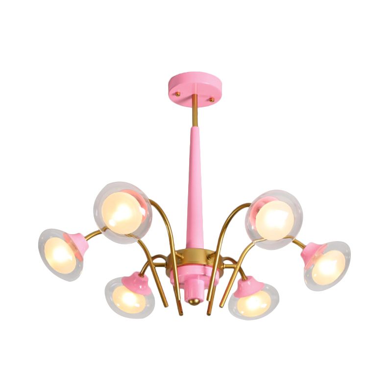 Drooping Hanging Chandelier Macaron Metal 6 Bulbs Kids Bedroom Ceiling Pendant in Pink/Blue with Double Ball Glass Shade