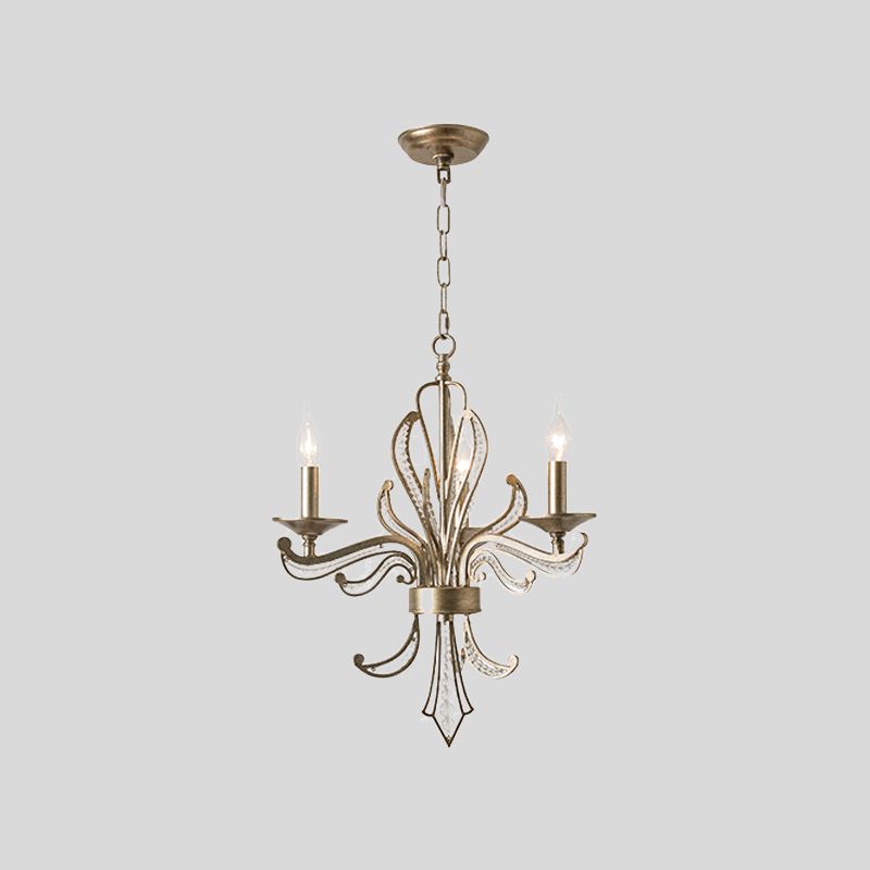Crystal Beaded Antiqued Silver Drop Lamp Foliage Candelabrum 3 Heads Rural Chandelier