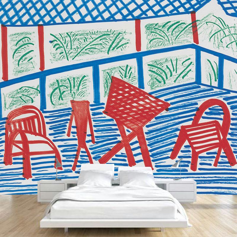 Modern Courtyard Dinette Wall Mural Red-Blue-Green Washable Wall Art for Living Room