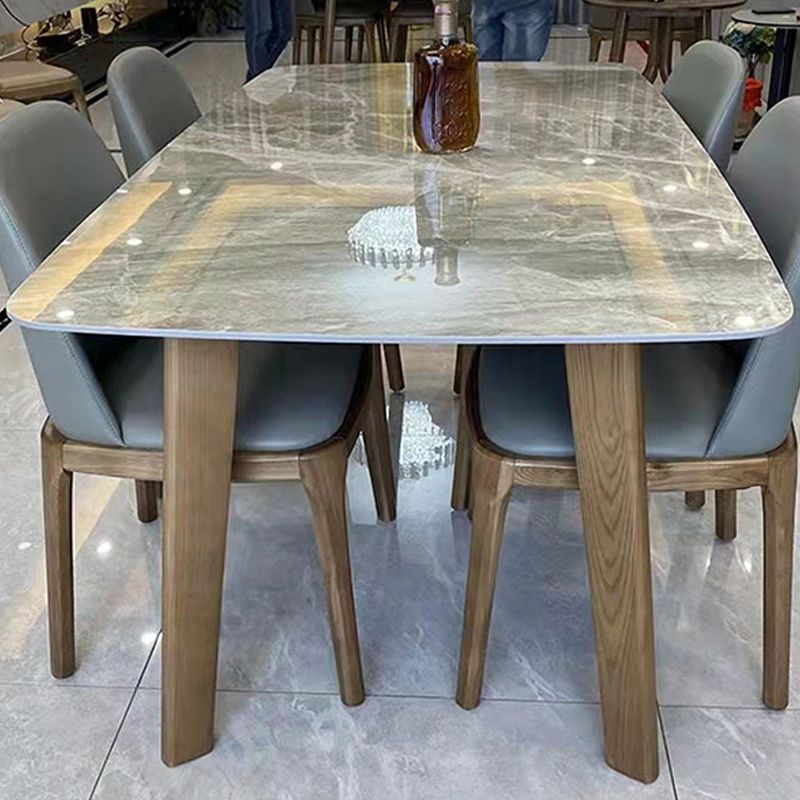 Gray Mid-Century Dining Table Stone Top Table with Wooden Base