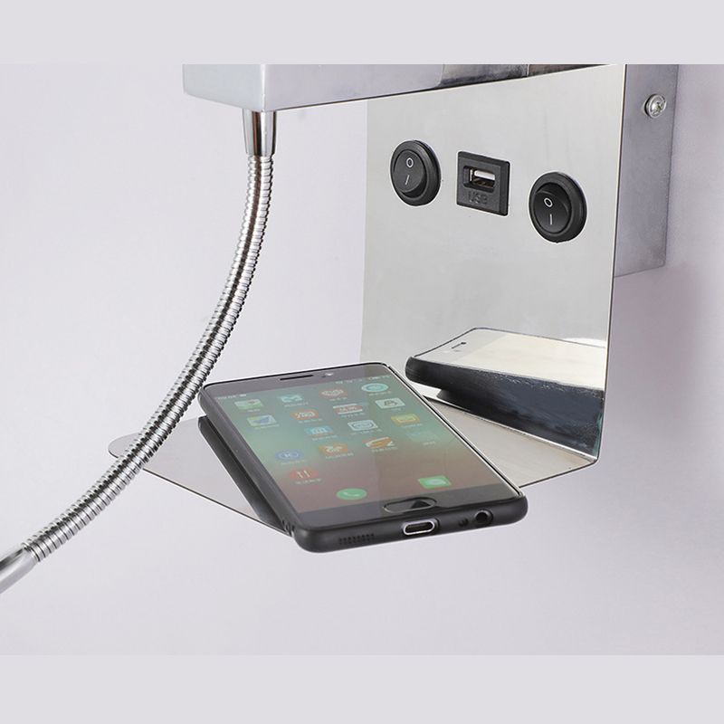 Square Fabric Shade Simplicity Wall Sconce Adjustable LED Spotlight Design Bedside Reading Lamp in Sliver