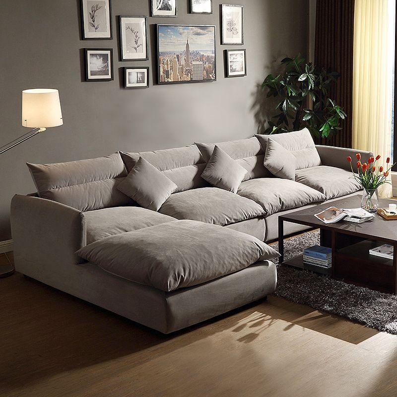 Square Arm Light-grey Contemporary Velvet L-Shape Sofa for Living Room