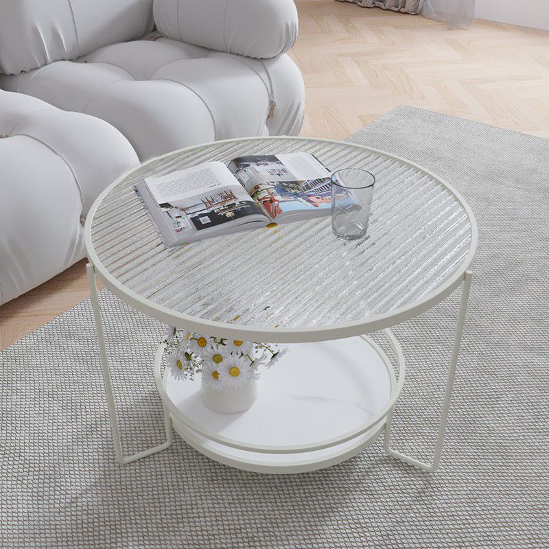 Round Cocktail Table Glass Top Single Coffee Table with Shelf