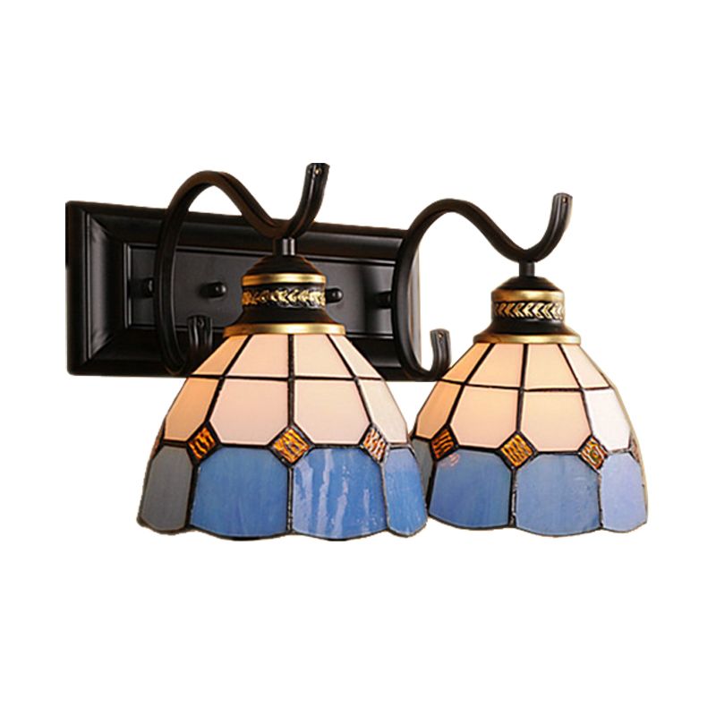 2 Lights Domed Wall Light Fixture Mediterranean Stained Glass Vanity Light in White/Black for Bathroom