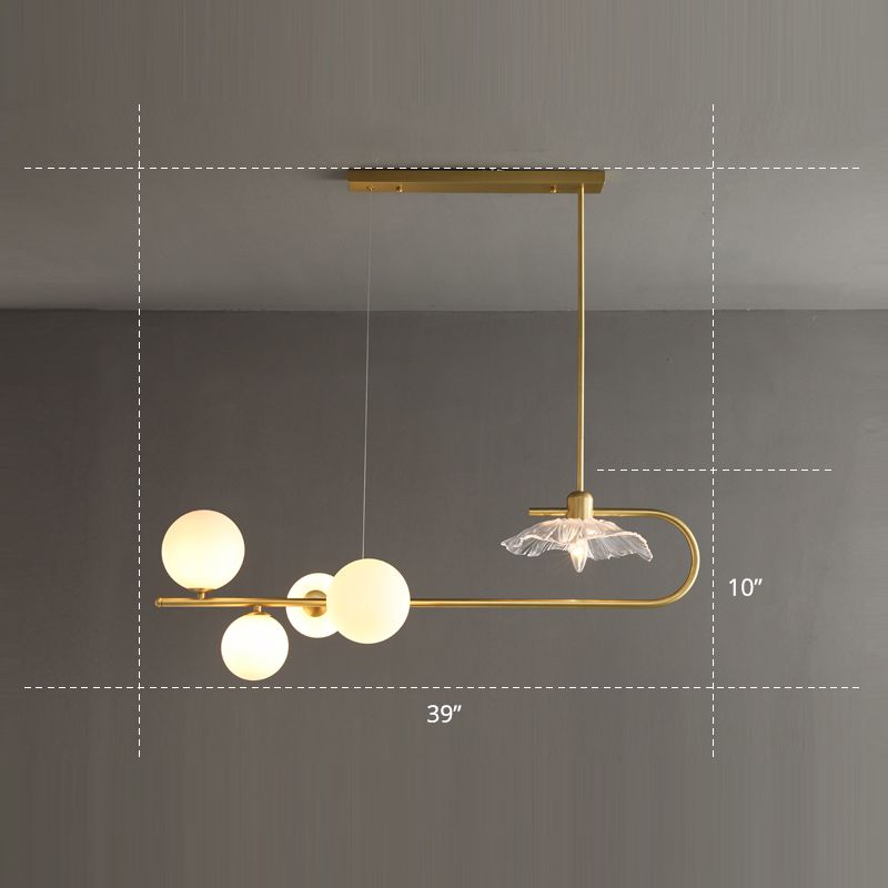 Creative Postmodern Suspension Lamp Brass Finish Ball and Lotus Leaf Island Light with Glass Shade