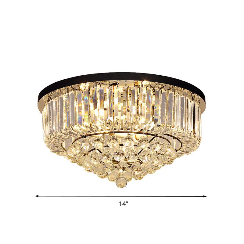 Drum Flush Mount Light Contemporary Tri-Sided Crystal Rod 4/6/9 Heads Black Ceiling Light Fixture, 14"/18"/23.5" Wide