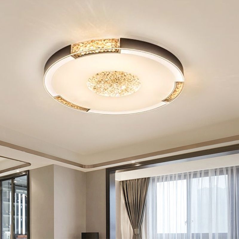 Black / Gold Finish LED Flush Light Fixture Contemporary Bevel Cut Crystals Round Ceiling Mount in White / Warm Light
