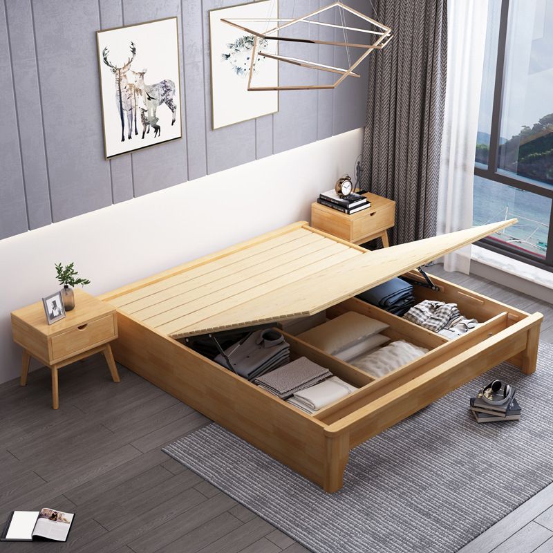 Solid Wood Platform Bed Rubberwood Platform Bed Frame Mid-Century Modern Natural