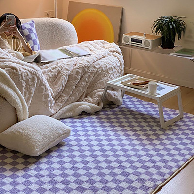 Purple Checked Rug Polyester Modern Rug Stain Resistant Rug for Living Room
