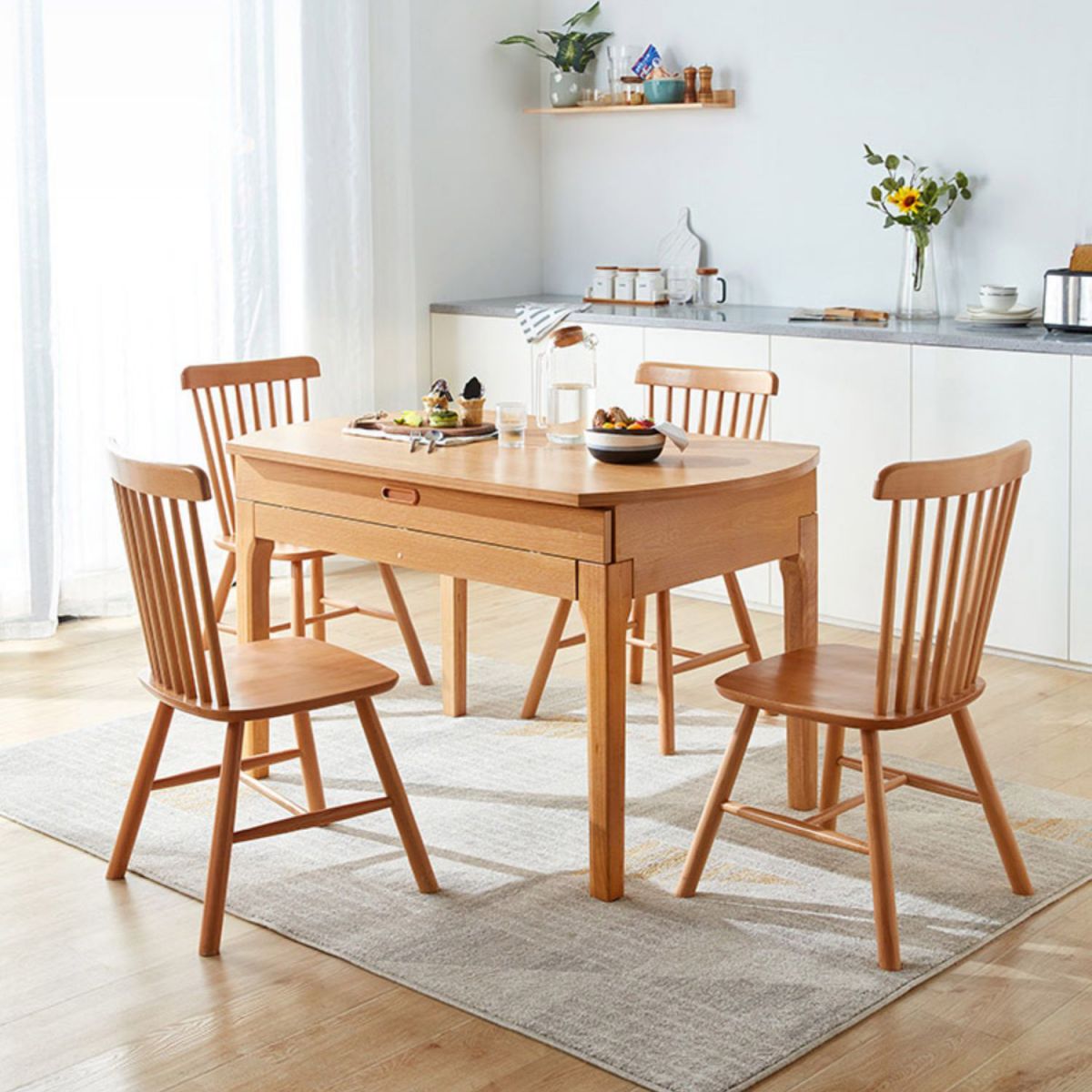 Contemporary Extendable Round Dining Table with Wooden Drop Leaf