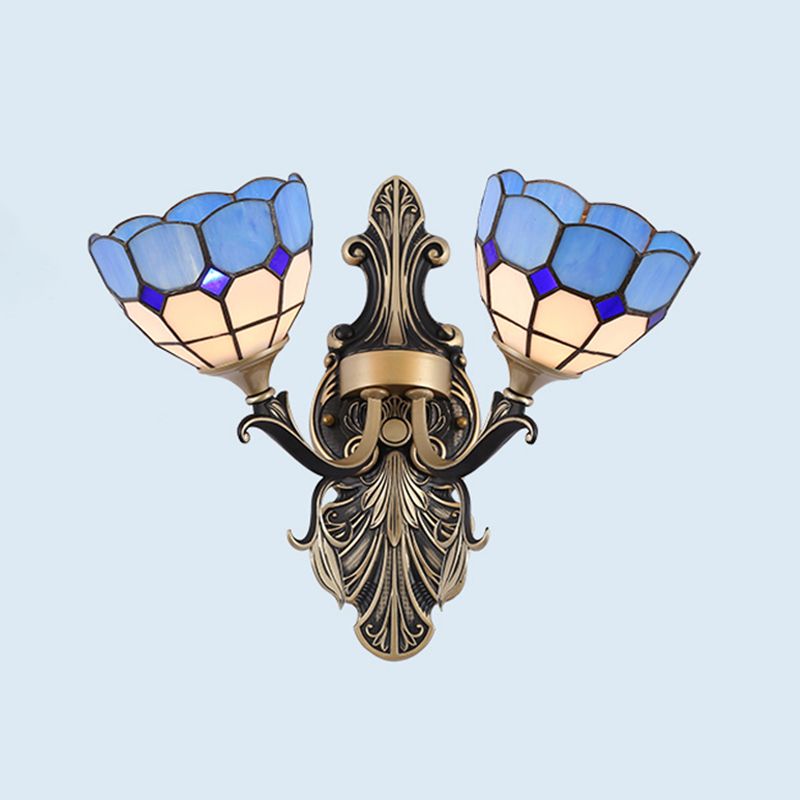 2 Lights Wall Mounted Light Mediterranean Dome/Flower Stained Art Glass Sconce in Red/Pink/Orange for Bedroom