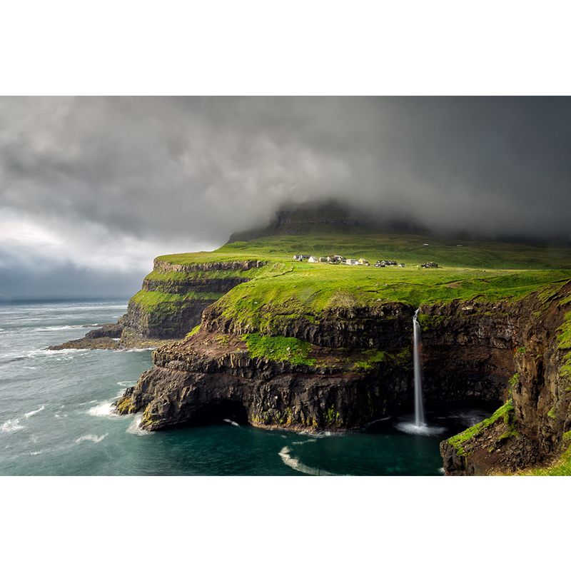 Scandinavian Scenery Wallpaper Mural Grey Sky with Meadow Seashore Wall Covering