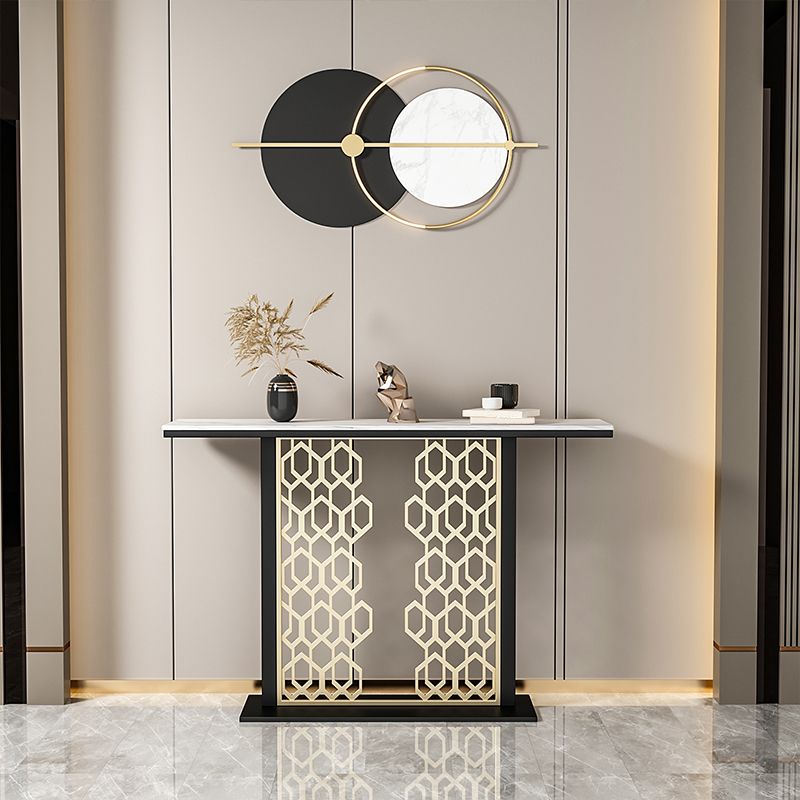 Glam Console Table with Rectangle Stone Top and Black Base for Hall