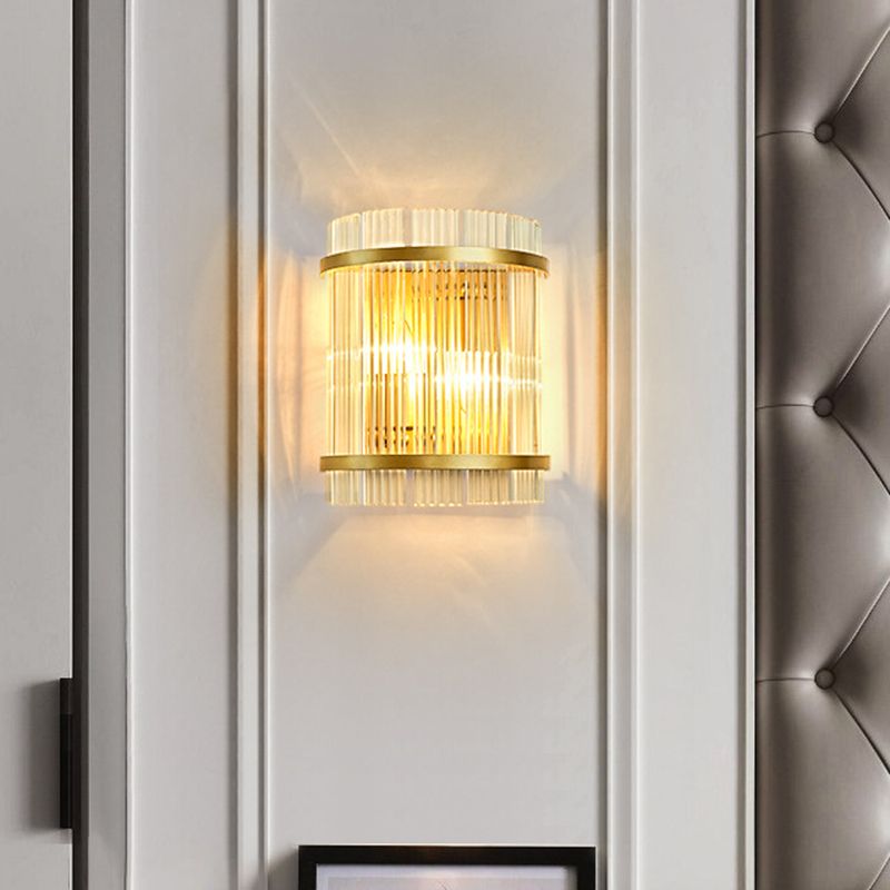 Half Cylinder Living Room Wall Mount Light Ribbed Glass 2 Bulbs Modern Wall Sconce Light in Gold