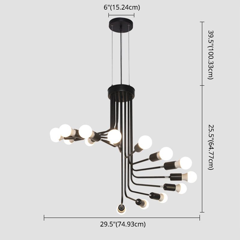 Vintage Iron Spiral Chandelier Light Open Bulbs Industrial Style Black Wrought Iron Stair Hanging Light