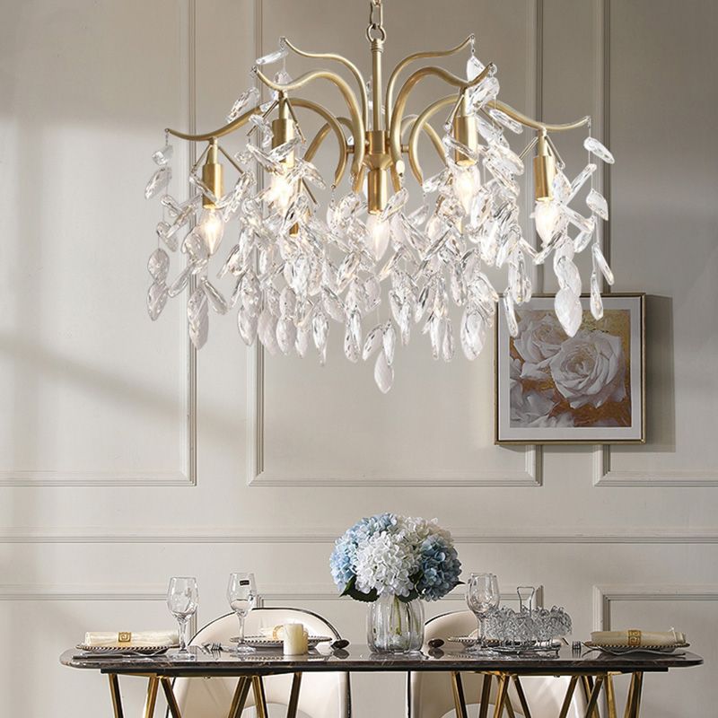 Crystal Branches Chandelier Light Fixture Rustic Living Room Pendant Chandelier in Gold
