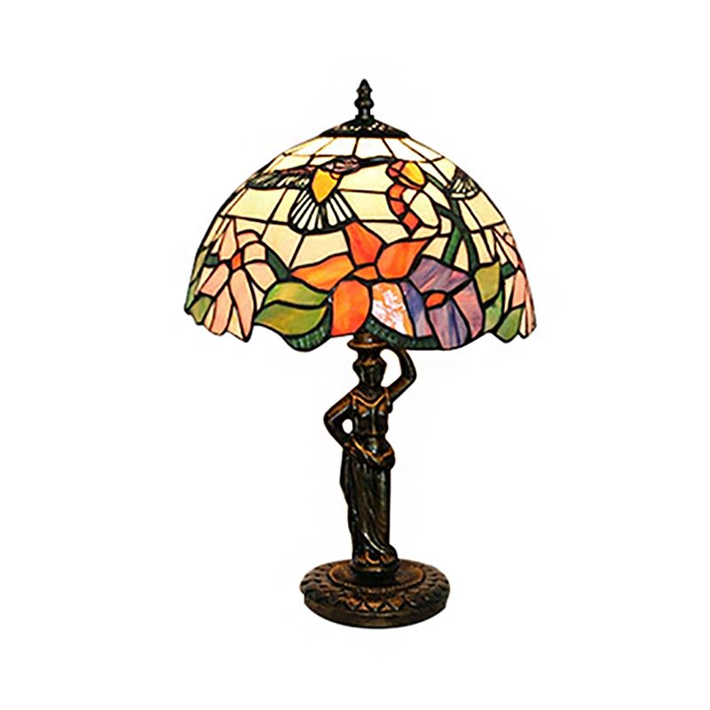 Lampada da scrivania con motivo uccello/uva/fiore con base per donne che lavorano, lampada da scrivania in vetro colorato Tiffany rustico a 1 testa per camera da letto