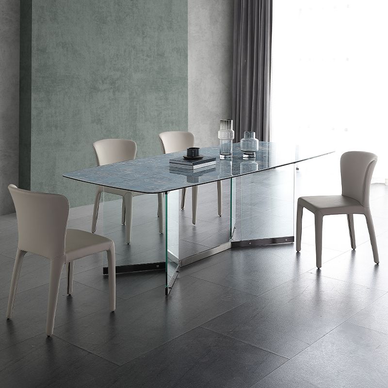Blue Rectangle Sintered Stone Dining Table for 4/6 with Glass Base Dining Set for Restaurant