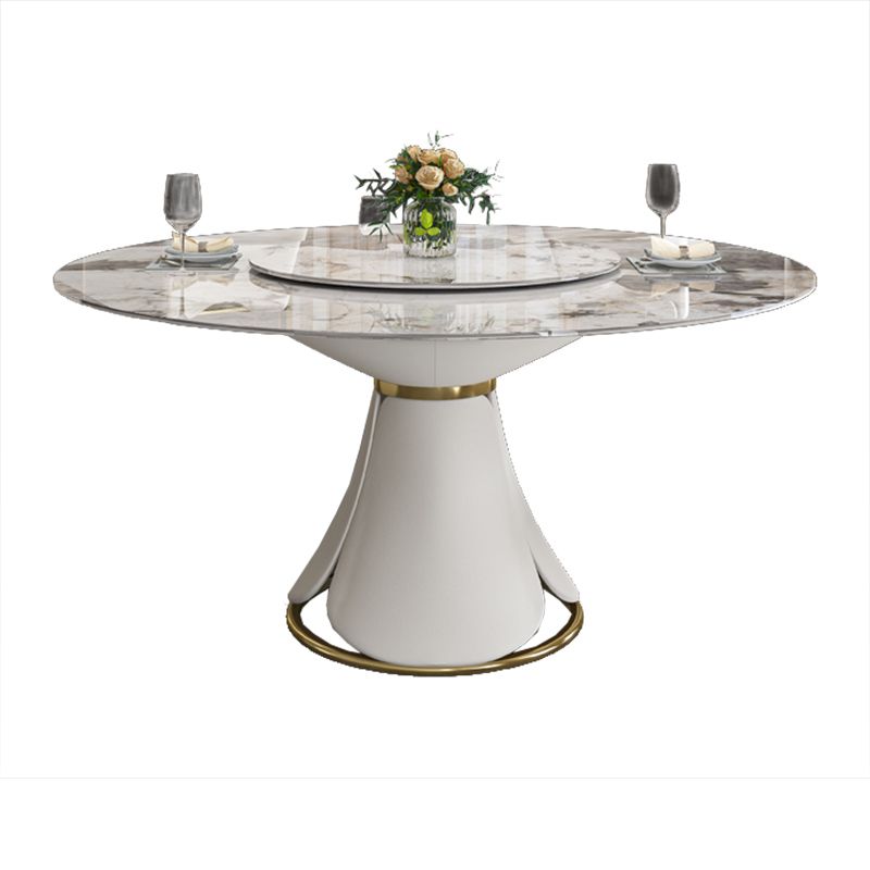 Glossy White Stone Dinette Table with Pedestal Modern Dining Table for Home