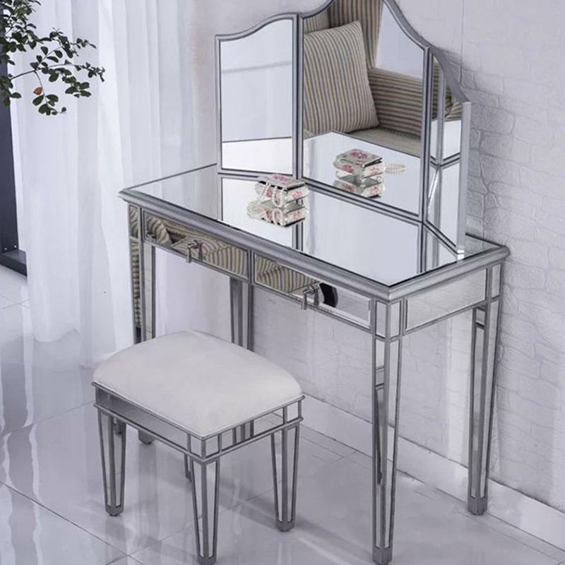 2 Drawers Mirrored Makeup Table and Stool Set Vanity for Women in Silver