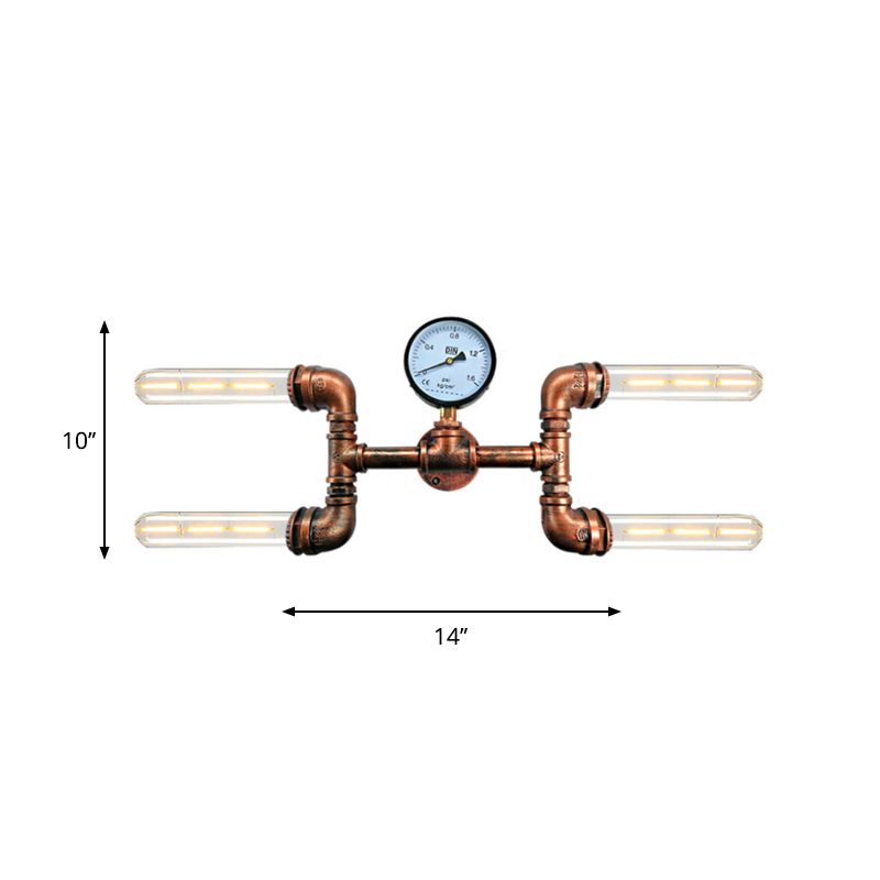 Bare Bulb Dining Room Wall Light Sconce with Gauge Deco Rustic Style Iron 4 Lights Copper Wall Mount Lamp