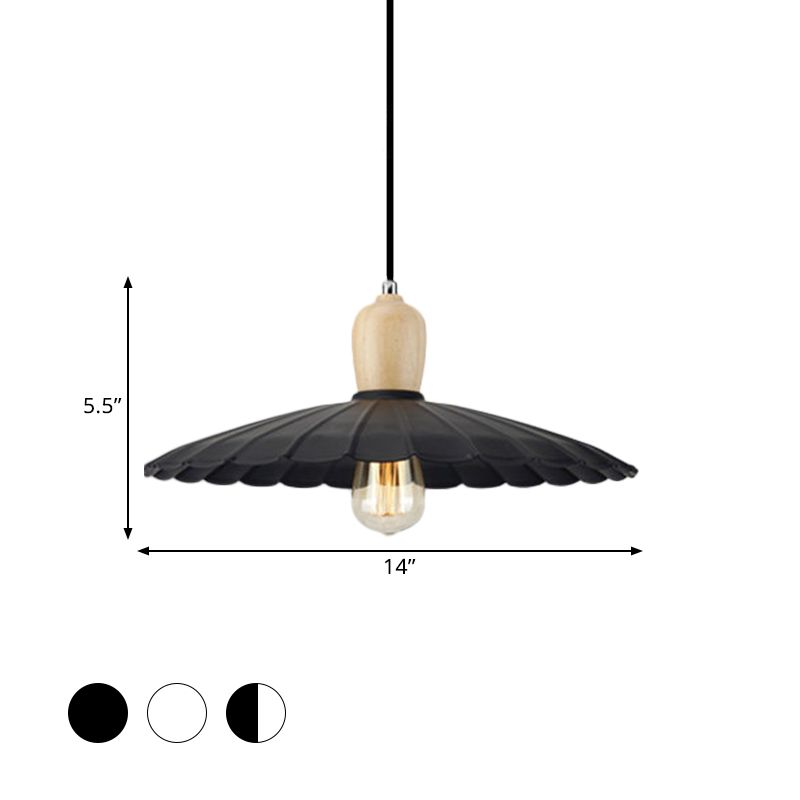 1 Light Scalloped Edge Hanging Lamp Vintage Stylish Black/White/Black Outer and White Inner Metal Pendant Light for Dining Table, 9"/14"/16" Diameter