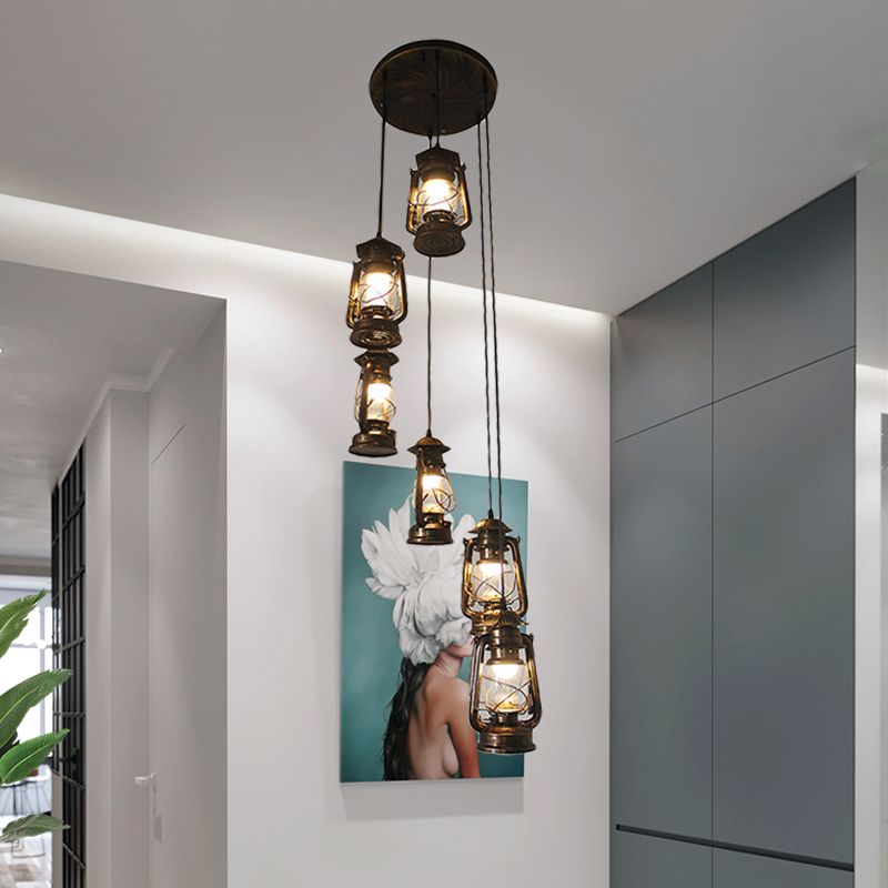 6 Bulbs Metallic Hanging Lamp Contemporary Bronze Lantern Stair Multi Light Pendant