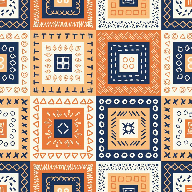 Bohemian Style Squares Wallpaper Mural Blue-Orange-Yellow Bedroom Wall Art, Custom Size