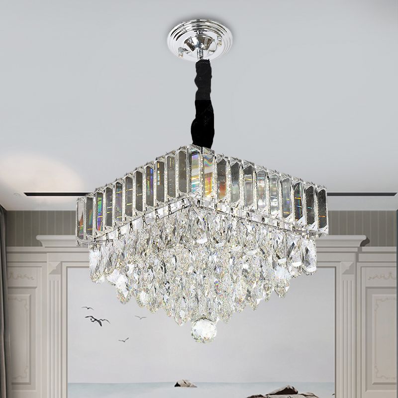 LED Clear Crystal Block Suspension Pendant Modern Black Tiered Square Dining Room Pendulum Light