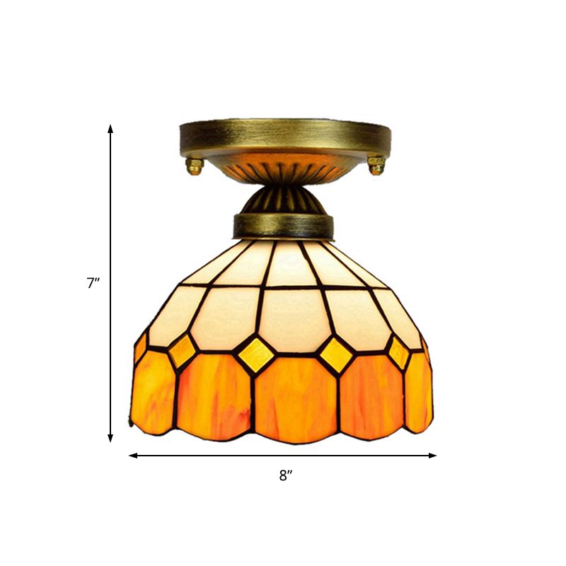 Tiffany Classic Grid Bowl Ceiling Mount Light 8"/6" Width Art Glass 1 Head Orange Ceiling Lamp for Bathroom