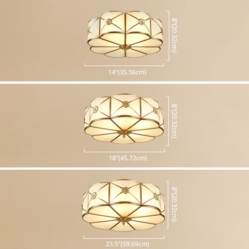 White Frosted Glass Drum Ceiling Light Traditional Rustic Style Brass Lighting Fixture for Bedroom Living Room