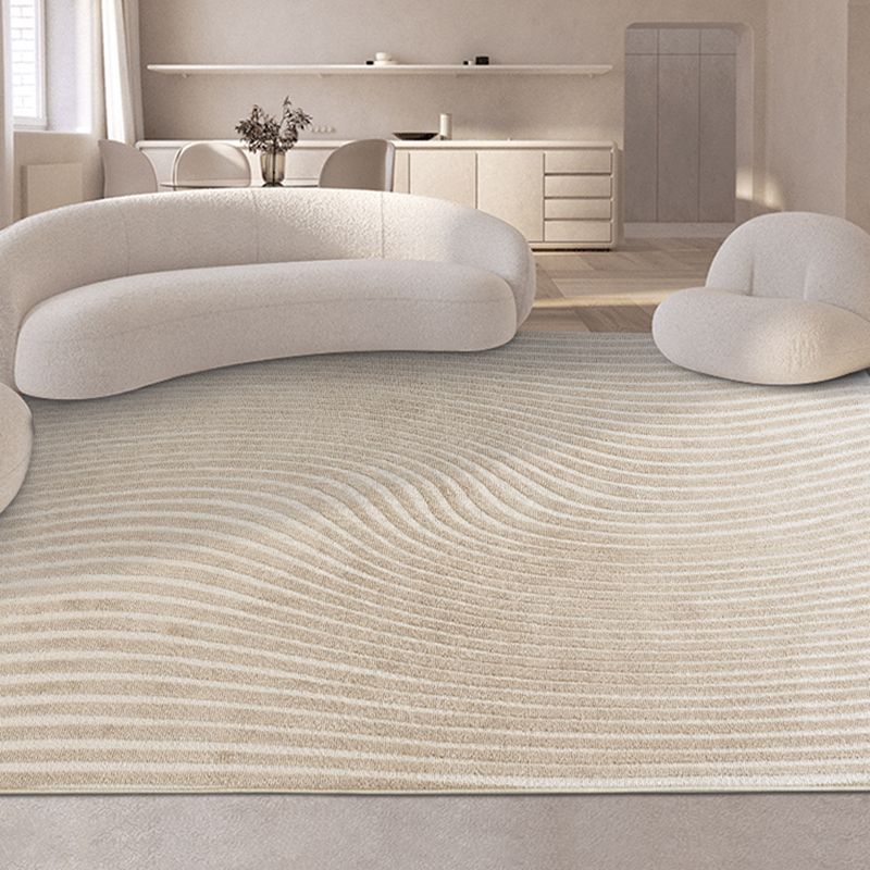 Beige Stripe Pattern Area Carpet Modern Polyester Area Rug Anti-Slip Washable Rug for Bedroom