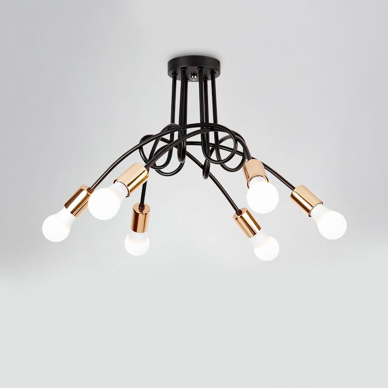 Gedraaide metalen halfverzonken plafondlamp Industriële 3/5-lichts hal halfverzonken hanglamp met kale lamp in zwart